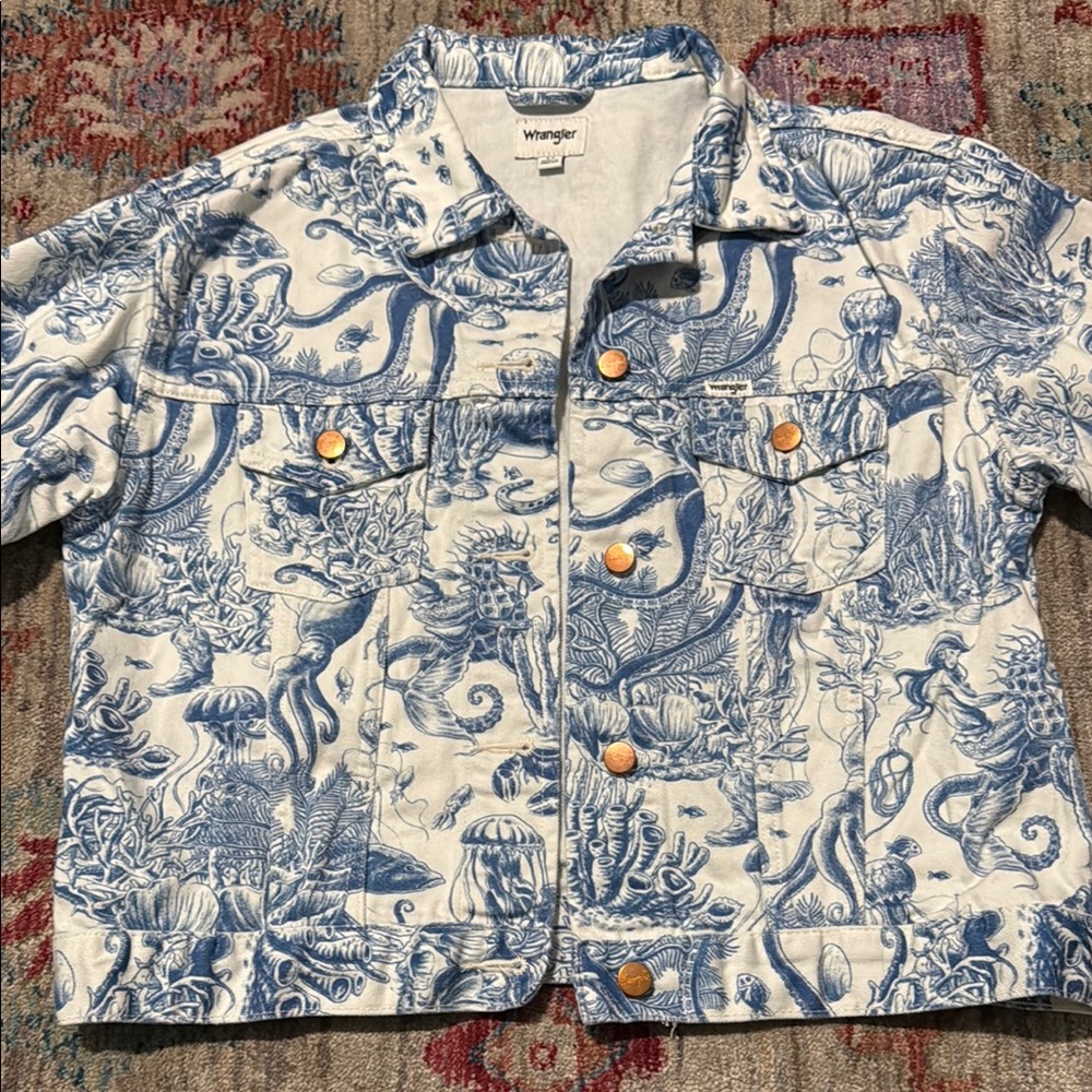 Wrangler Blue and White Jean Jacket with Toile Pattern